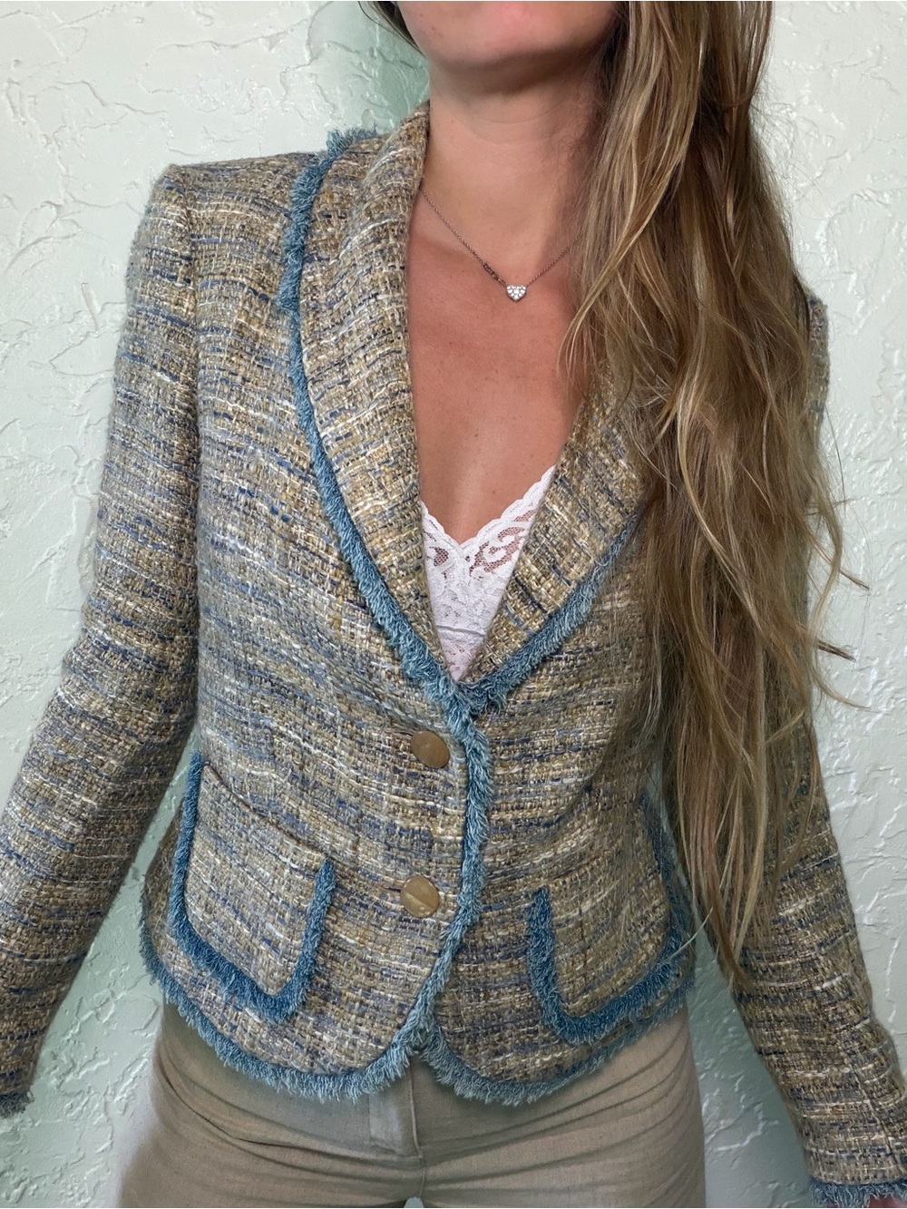 Cache Blue & Beige Tweed Fringe-Trim Blazer